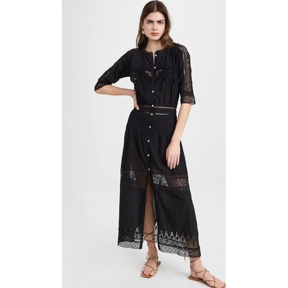 LoveShackFancy Dress‎ Womens Small Black Boho Crochet Lace Midi Button Front LSF